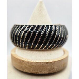 Vintage Silver Tone Bracelet Black Enamel With Silver Stripes Hinged